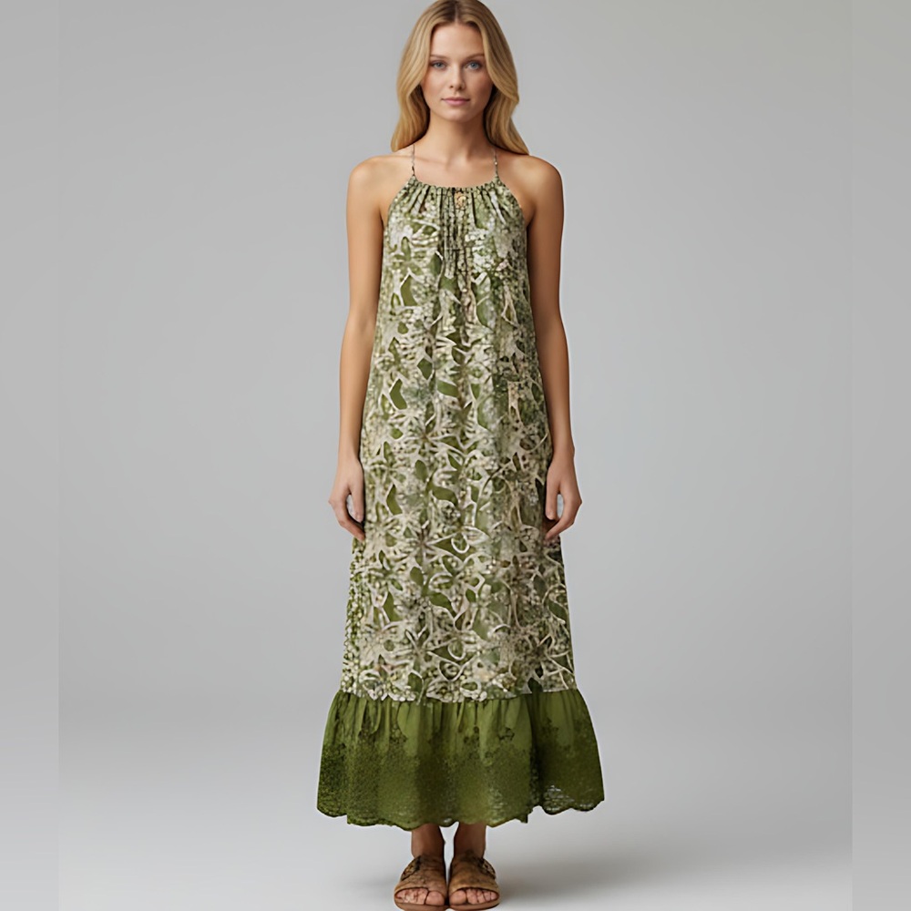 Bohemian Floral Embroidered Hem Dress Green